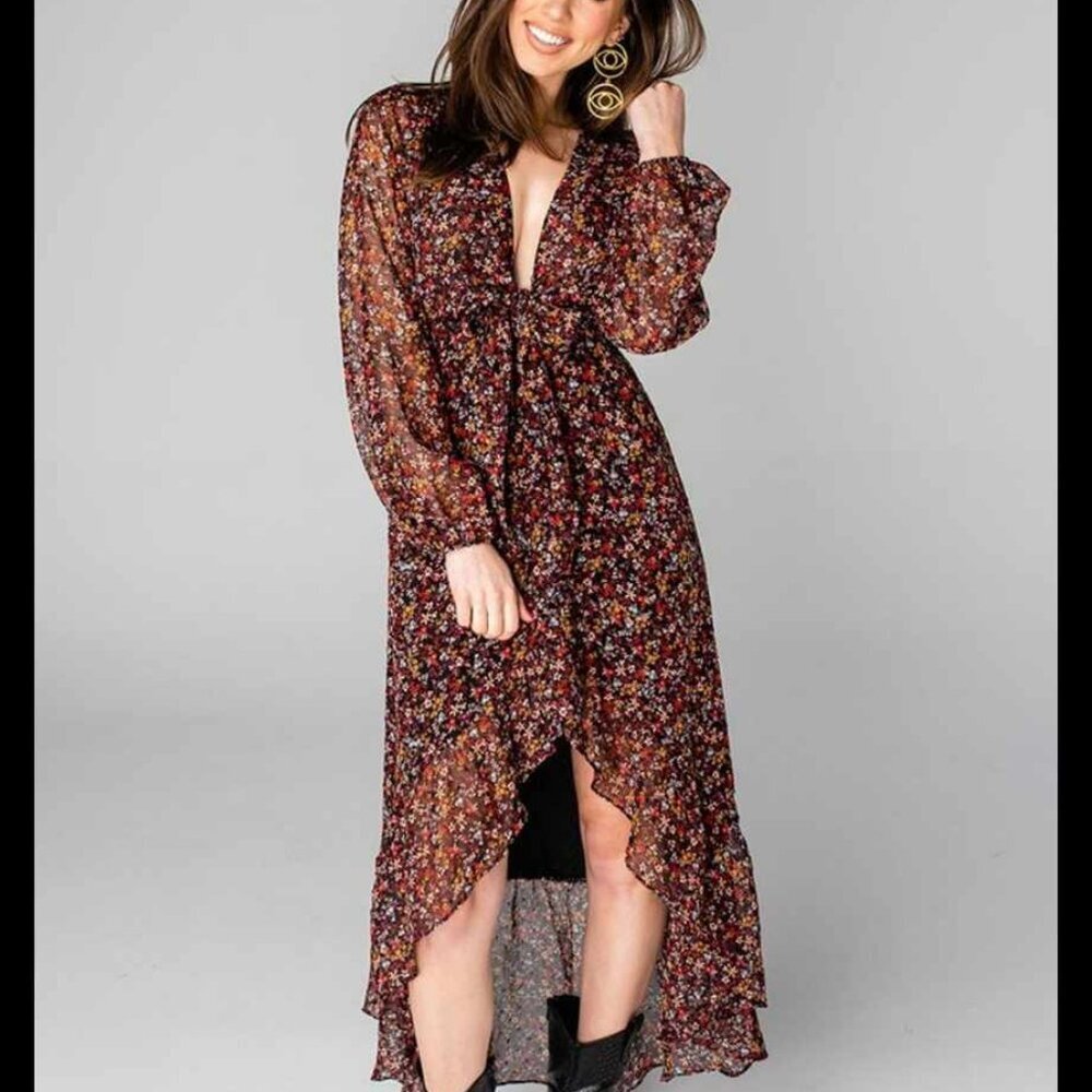Buddy Love Flower Print Low V Neck Tie Ruffle Hi Low Hem Maxi Dress Size XS